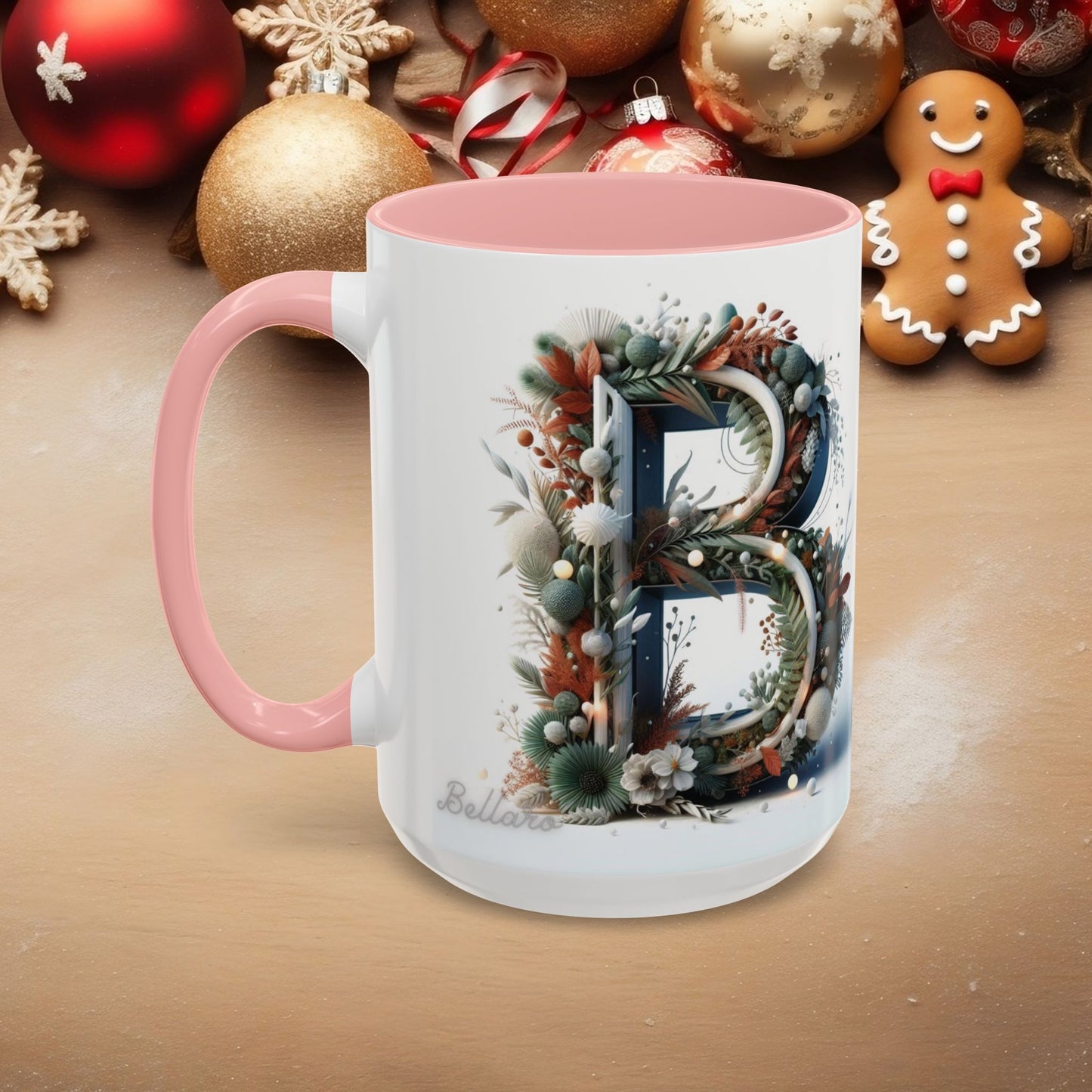 Monogram 'B' Accent Coffee Mug – Floral Holiday Initial 15oz