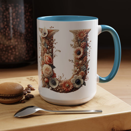 Floral Monogram 'U' Accent Coffee Mug – Floral Letter U Ceramic Mug 15oz