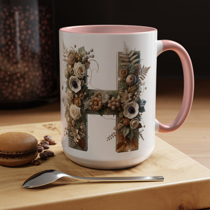 Floral Letter 'H' Accent Coffee Mug — Botanical Monogram Ceramic Mug