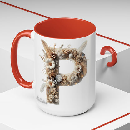 Earthy Letter 'P' Accent Coffee Mug — Botanical Initial Mug 15oz