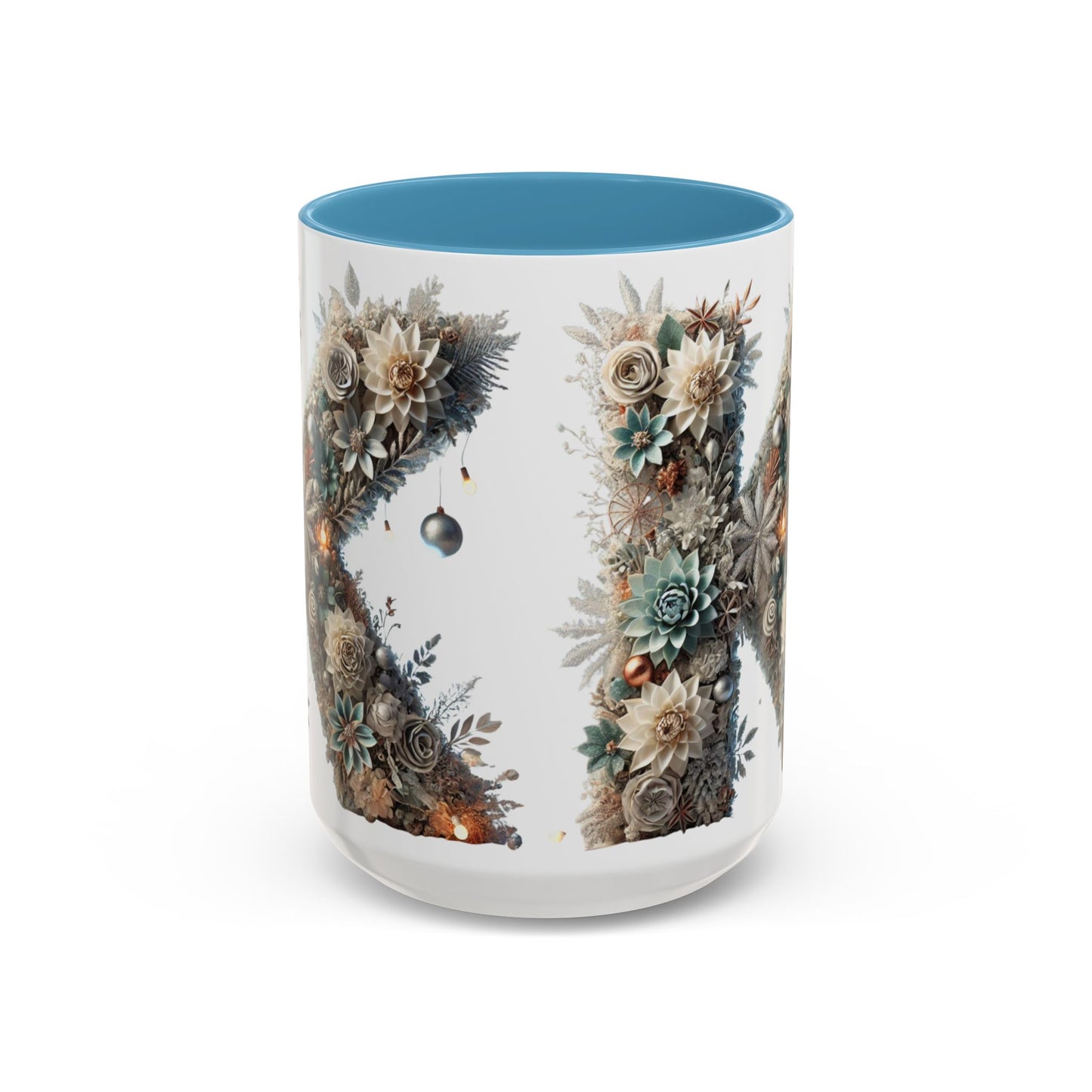 Floral Letter 'K' Accent Coffee Mug — Elegant Botanical Monogram Gift 15oz