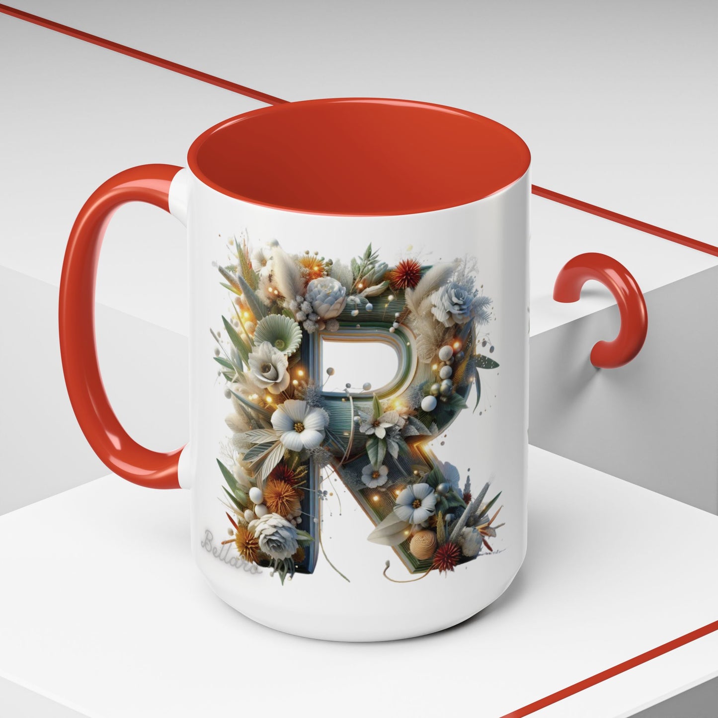 Personalized Monogram 'R' Artistic Floral Accent Coffee Mug 15oz