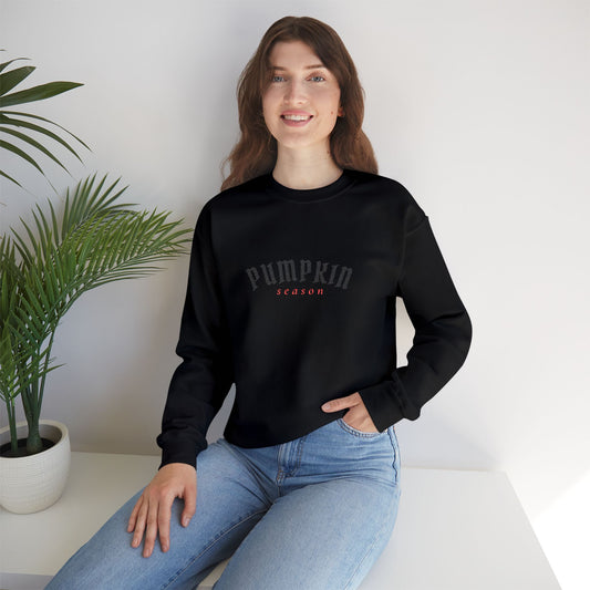 Crewneck Sweatshirt — Embroidered Black “Pumpkin Season” Fall Graphic