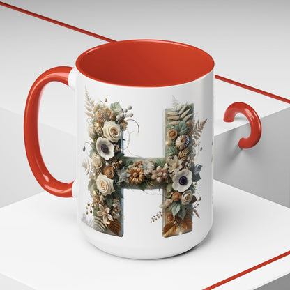 Floral Letter 'H' Accent Coffee Mug — Botanical Monogram Ceramic Mug