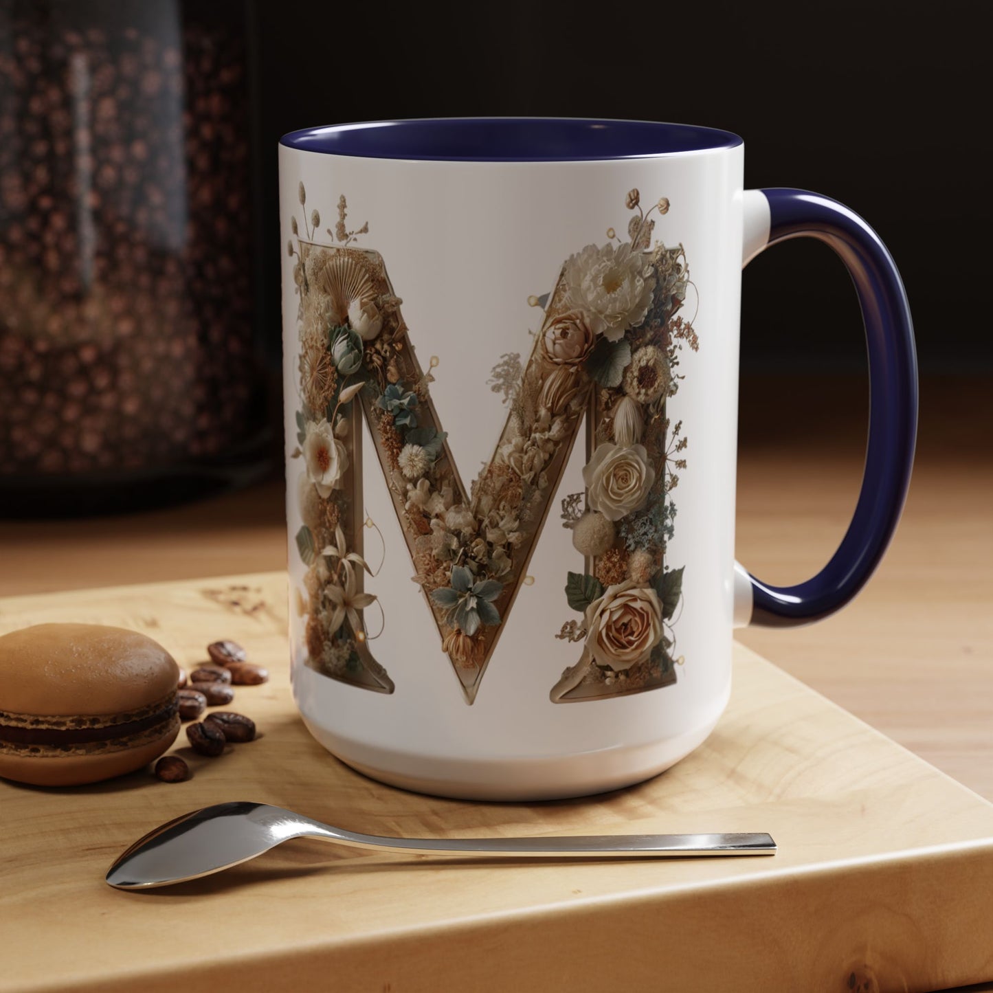 Floral Monogram 'M' Accent Coffee Mug — Rustic Botanical Initial Gift 15oz