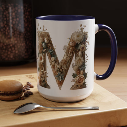 Floral Monogram 'M' Accent Coffee Mug — Rustic Botanical Initial Gift 15oz