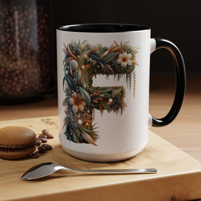 Floral Letter 'F' Accent Coffee Mug — Botanical Monogram 15oz