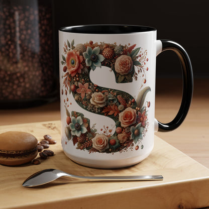 Floral Monogram 'S' Accent Coffee Mug – Vintage Rose Initial Mug 15oz