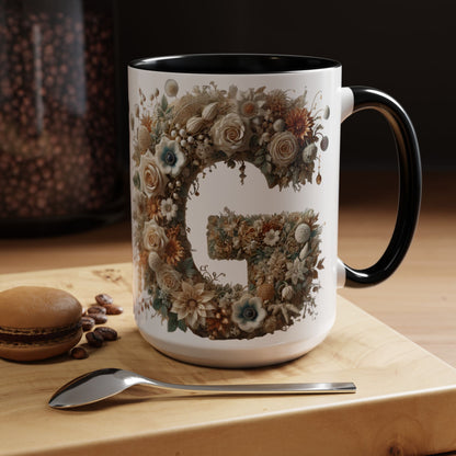 Floral Monogram 'G' Accent Coffee Mug — Botanical Initial Gift 15oz