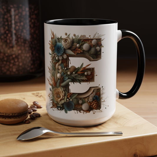 Artistic 'E' Letter Accent Coffee Mug – Botanical Initial Design 15oz