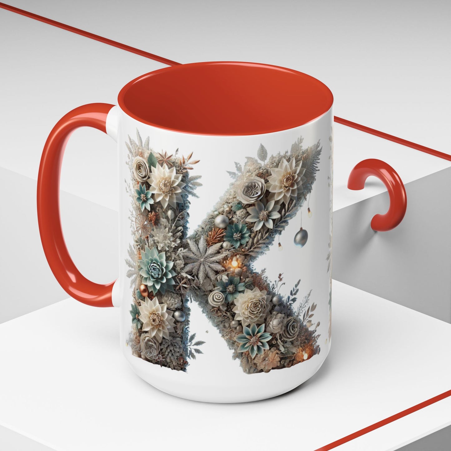 Floral Letter 'K' Accent Coffee Mug — Elegant Botanical Monogram Gift 15oz