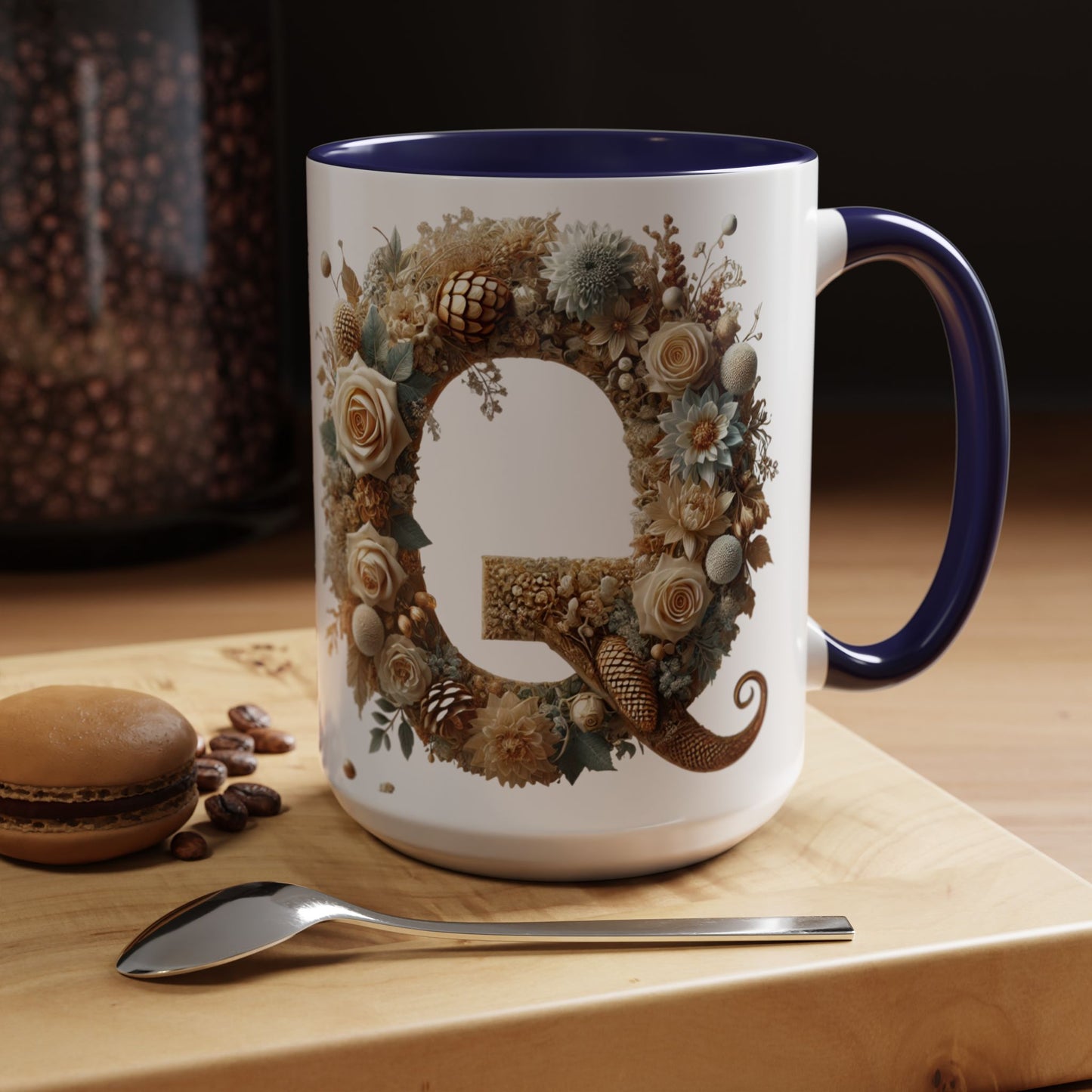Floral Coffee Mug — Decorative 'Q' Monogram Accent Mug 15oz