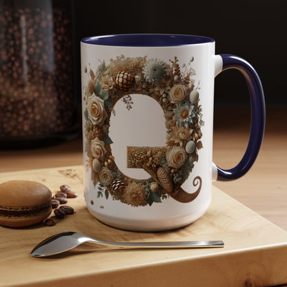 Floral Coffee Mug — Decorative 'Q' Monogram Accent Mug 15oz