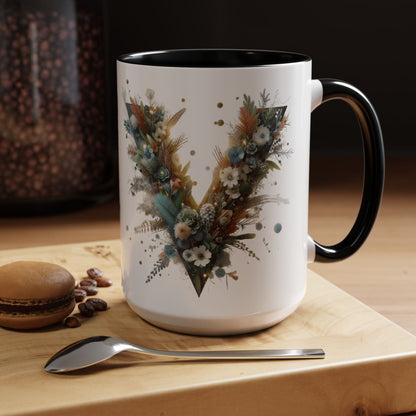 Artistic Letter 'V' Accent Coffee Mug — Botanical Initial Ceramic Mug 15 oz