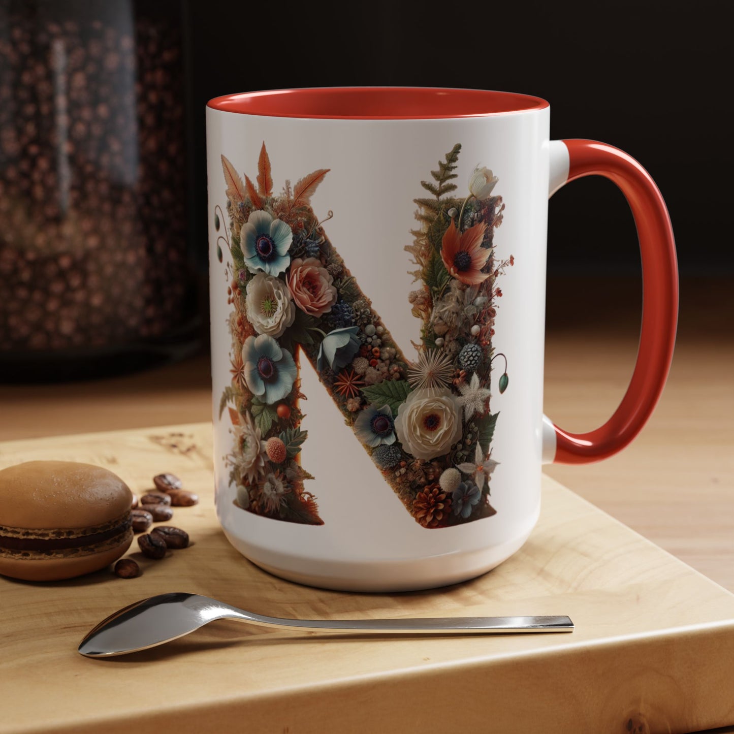 Floral Letter 'N' Accent Coffee Mug — Botanical Monogram Gift 15oz