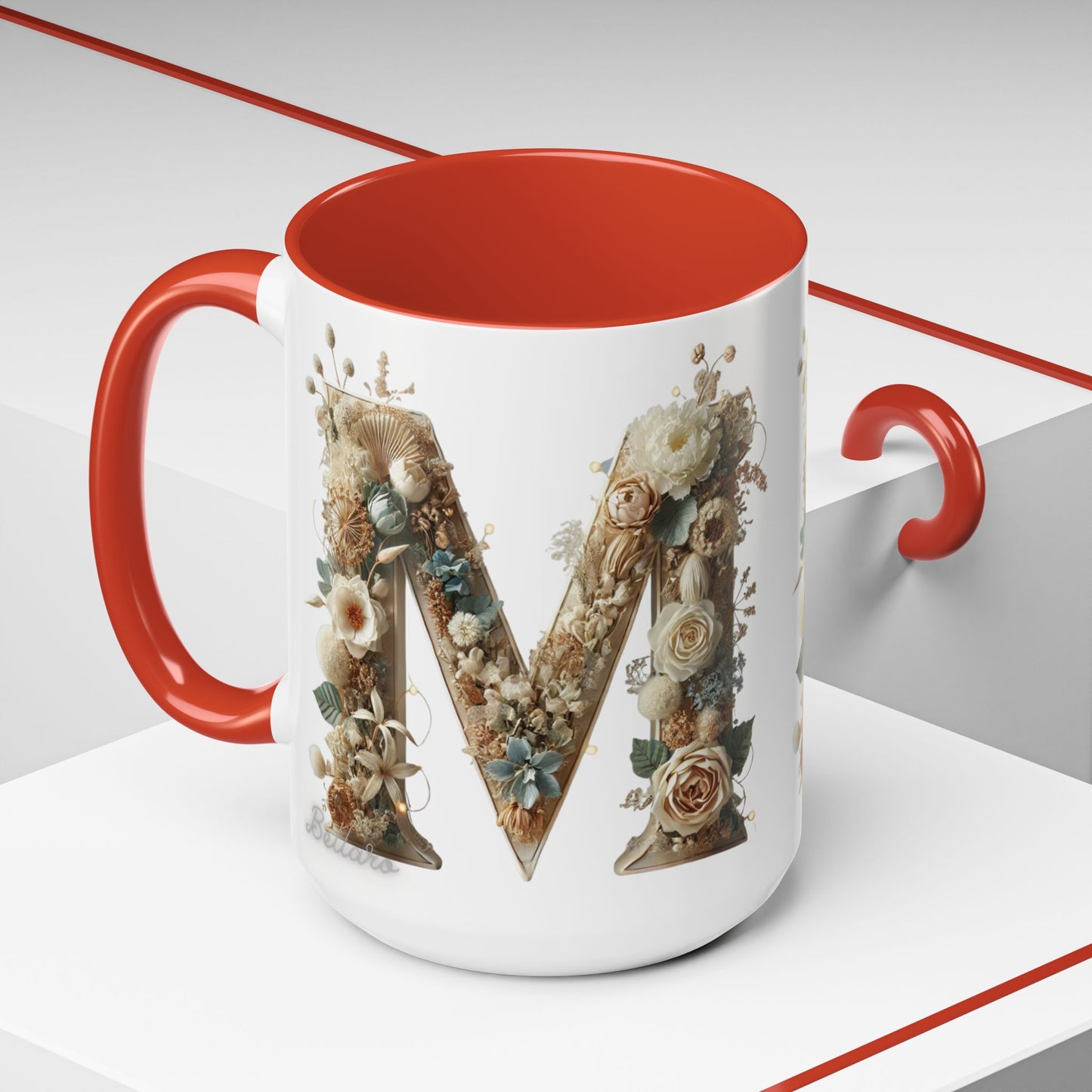 Floral Monogram 'M' Accent Coffee Mug — Rustic Botanical Initial Gift 15oz
