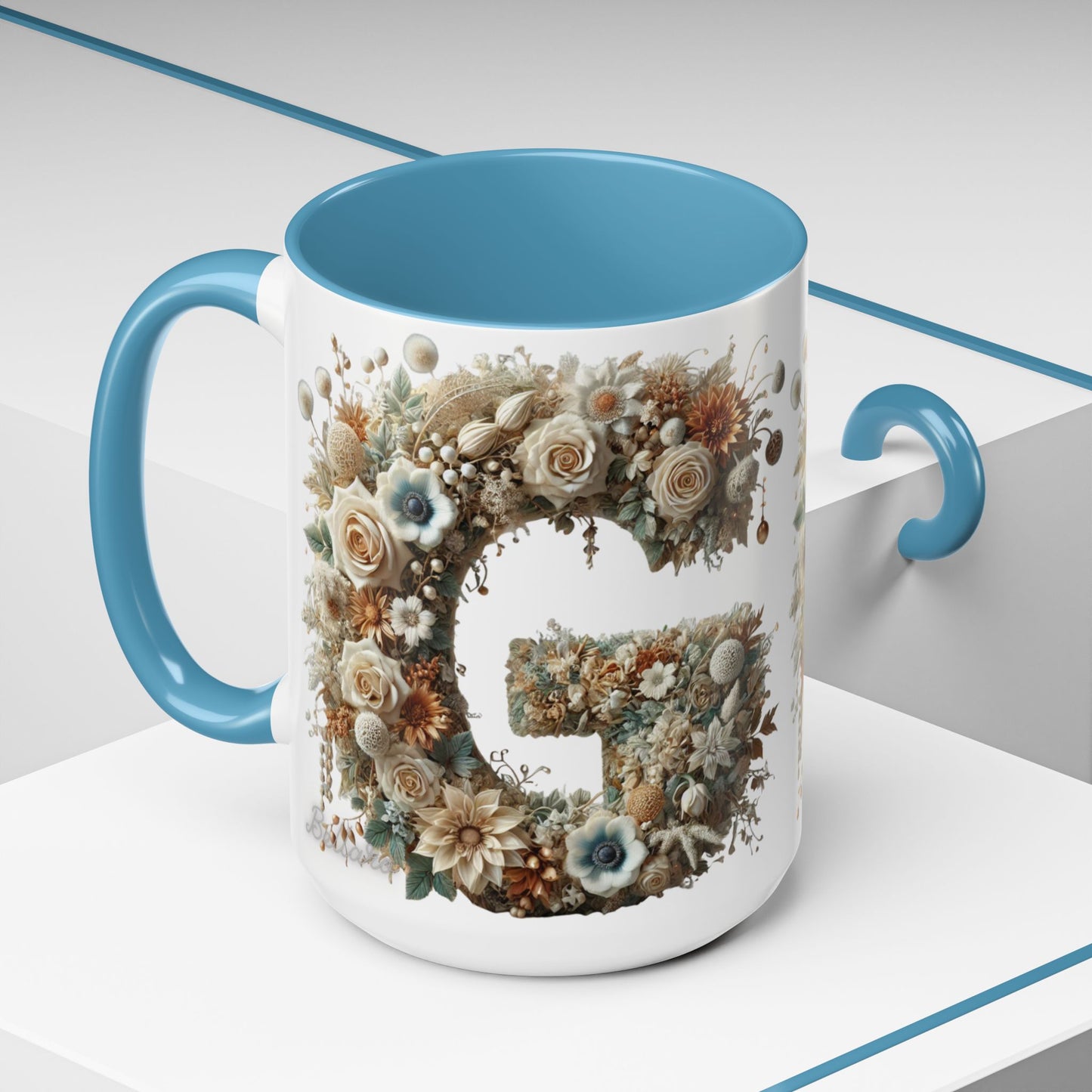 Floral Monogram 'G' Accent Coffee Mug — Botanical Initial Gift 15oz