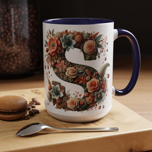 Floral Monogram 'S' Accent Coffee Mug – Vintage Rose Initial Mug 15oz