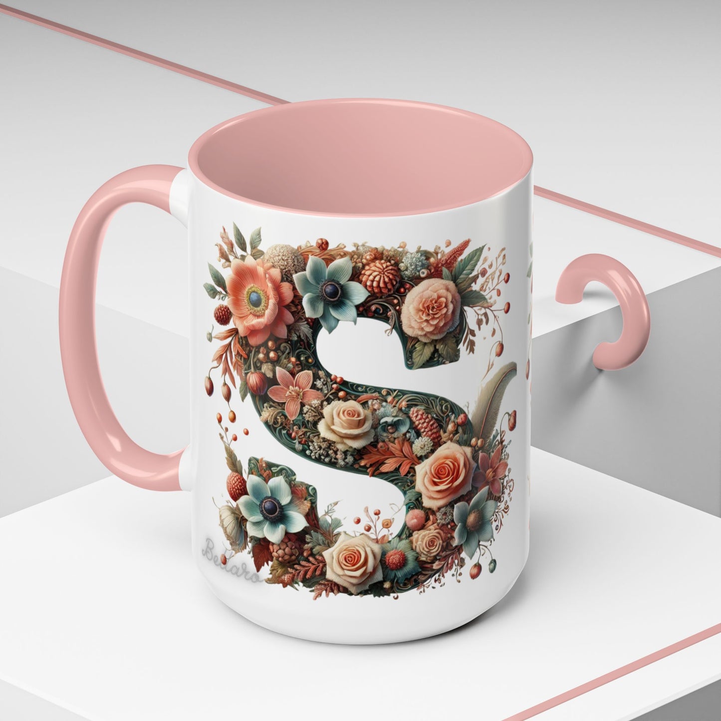 Floral Monogram 'S' Accent Coffee Mug – Vintage Rose Initial Mug 15oz