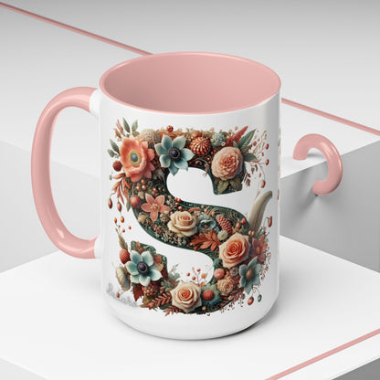 Floral Monogram 'S' Accent Coffee Mug – Vintage Rose Initial Mug 15oz