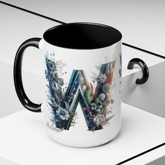 Floral Monogram Letter 'W' Accent Coffee Mug — Decorative Initial Monogram Mug 15oz
