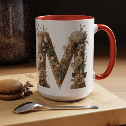 Floral Monogram 'M' Accent Coffee Mug — Rustic Botanical Initial Gift 15oz