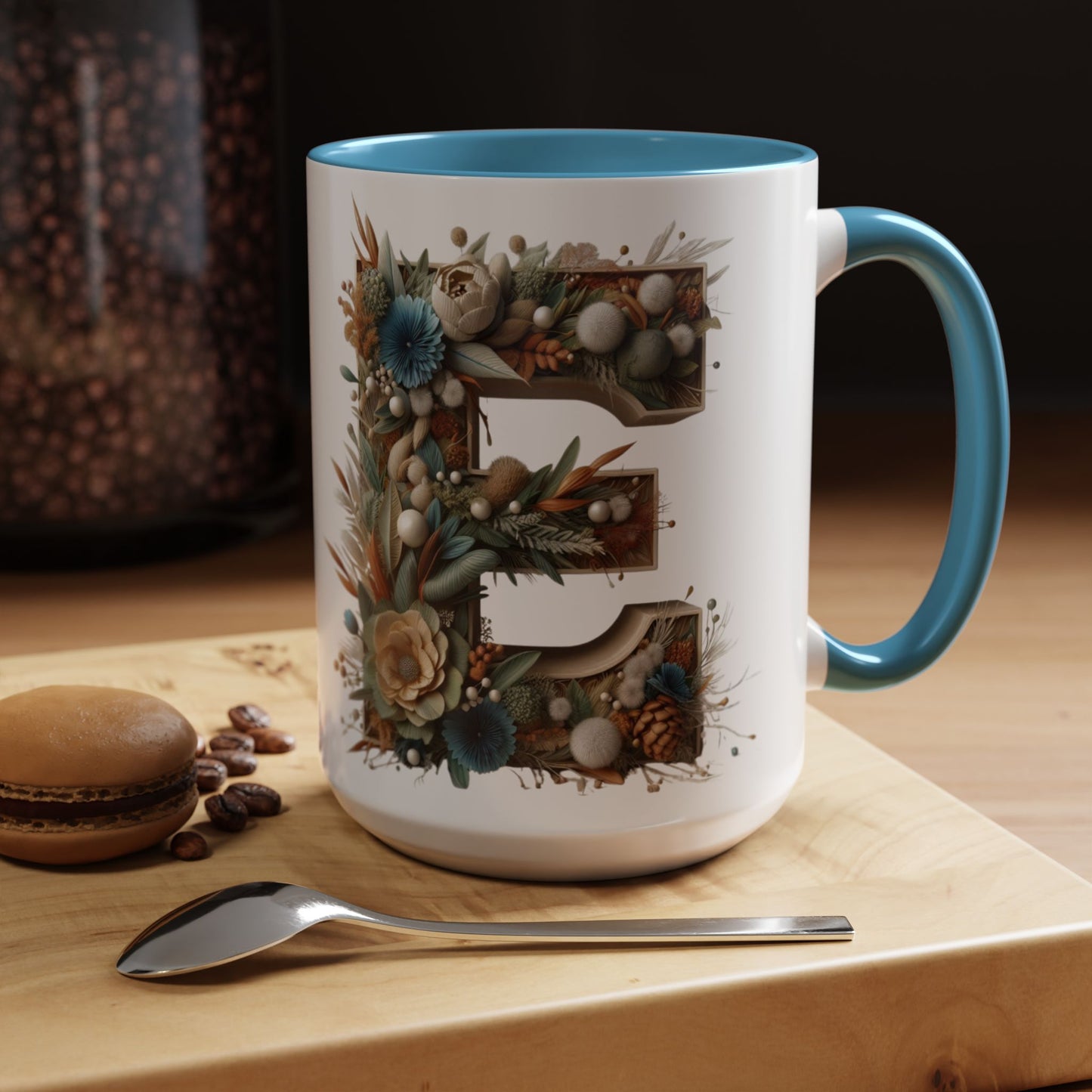 Artistic 'E' Letter Accent Coffee Mug – Botanical Initial Design 15oz
