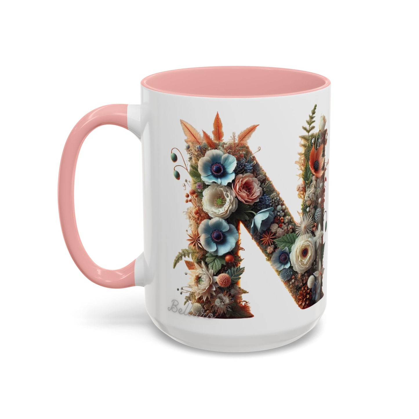 Floral Letter 'N' Accent Coffee Mug — Botanical Monogram Gift 15oz