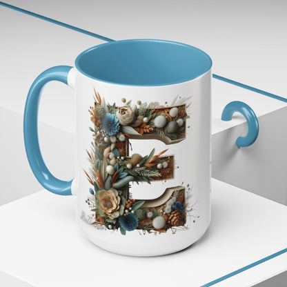 Artistic 'E' Letter Accent Coffee Mug – Botanical Initial Design 15oz