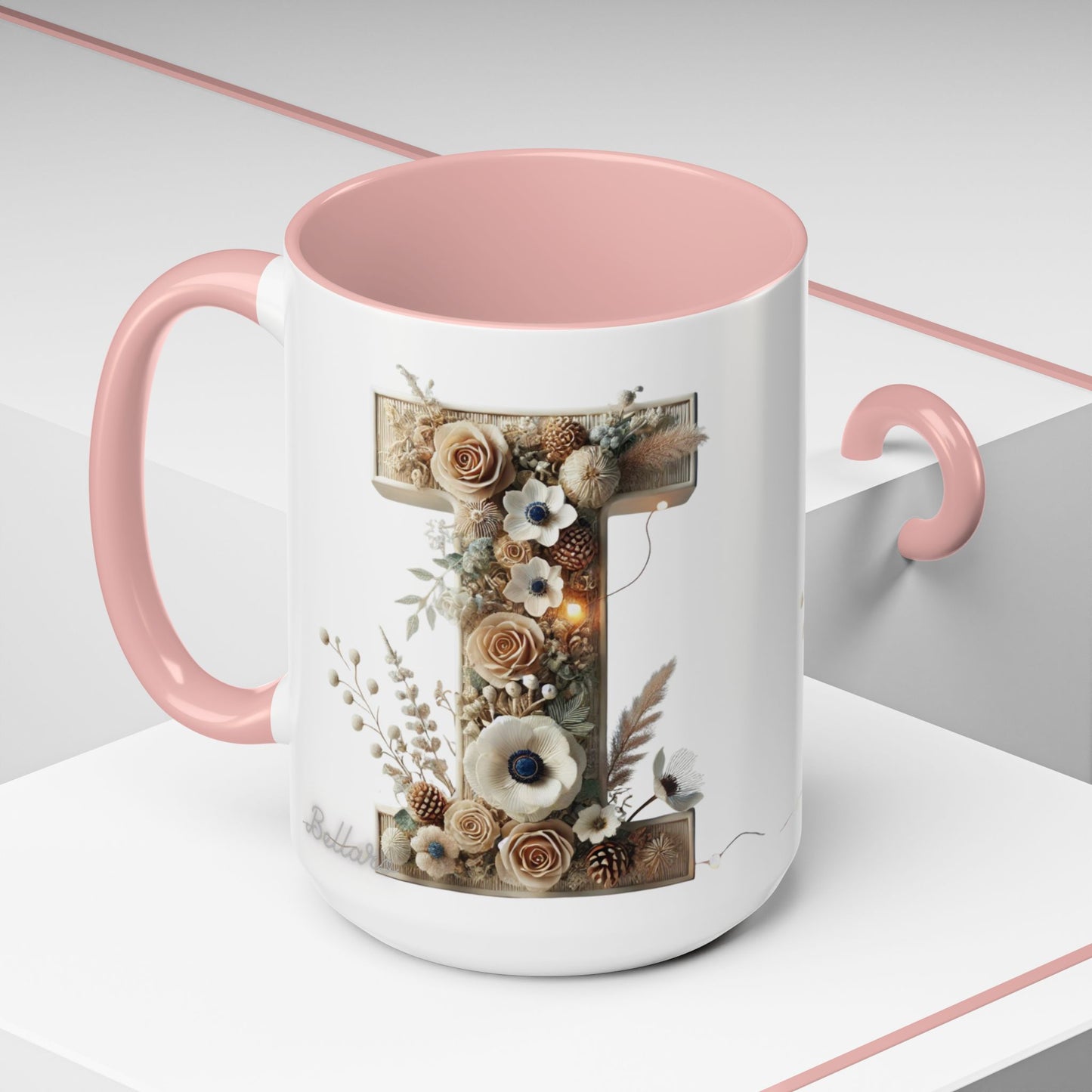 Artistic Letter 'I' Accent Coffee Mug — Rustic Monogram Initial Gift 15oz