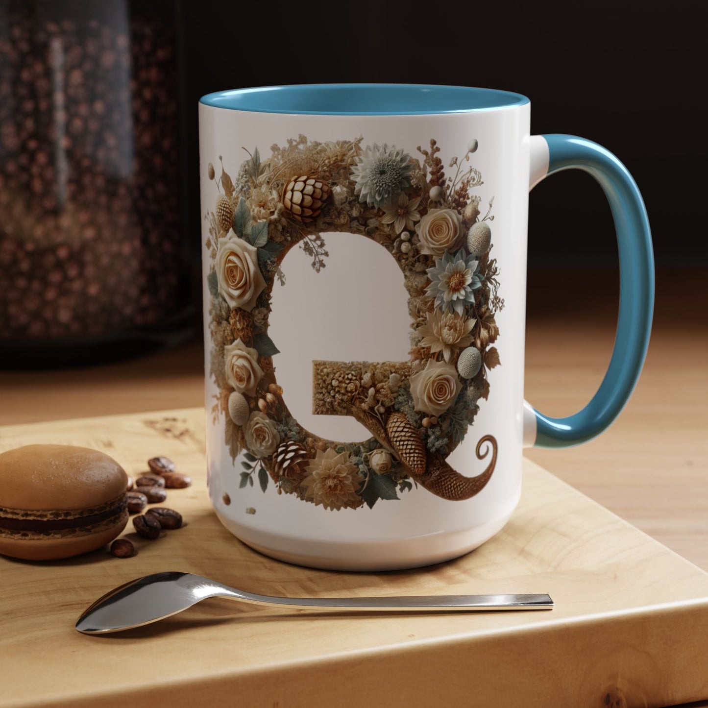 Floral Coffee Mug — Decorative 'Q' Monogram Accent Mug 15oz