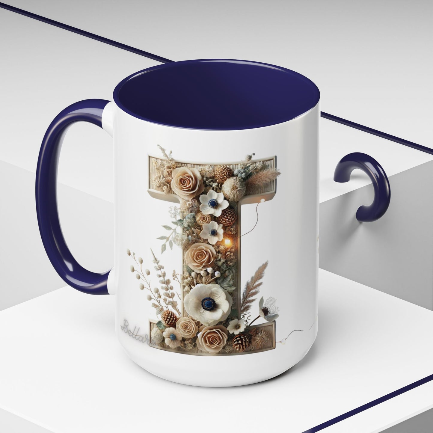 Artistic Letter 'I' Accent Coffee Mug — Rustic Monogram Initial Gift 15oz