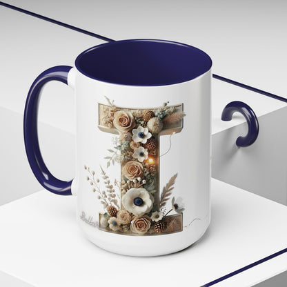 Artistic Letter 'I' Accent Coffee Mug — Rustic Monogram Initial Gift 15oz