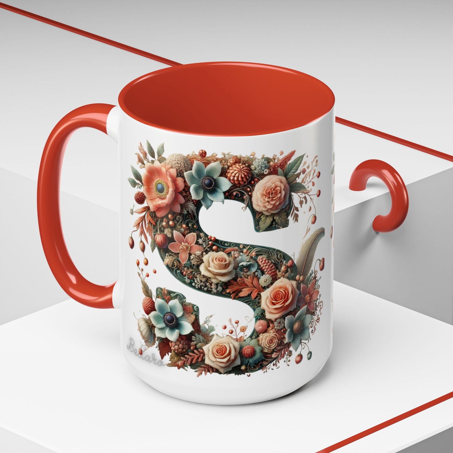 Floral Monogram 'S' Accent Coffee Mug – Vintage Rose Initial Mug 15oz