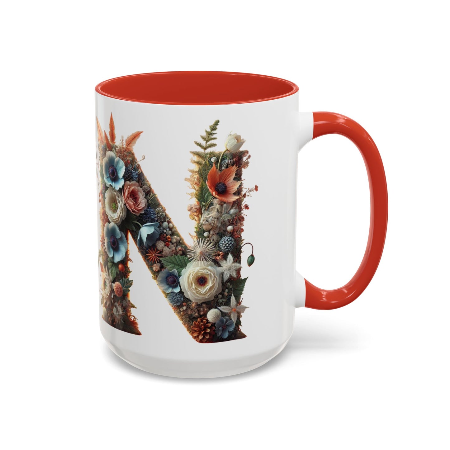 Floral Letter 'N' Accent Coffee Mug — Botanical Monogram Gift 15oz