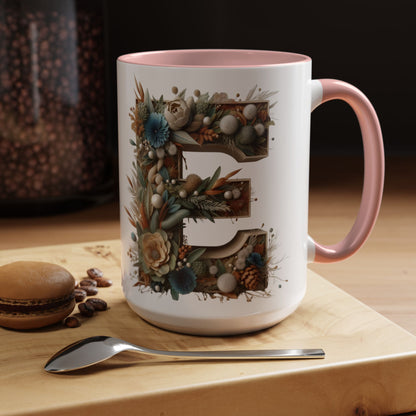 Artistic 'E' Letter Accent Coffee Mug – Botanical Initial Design 15oz