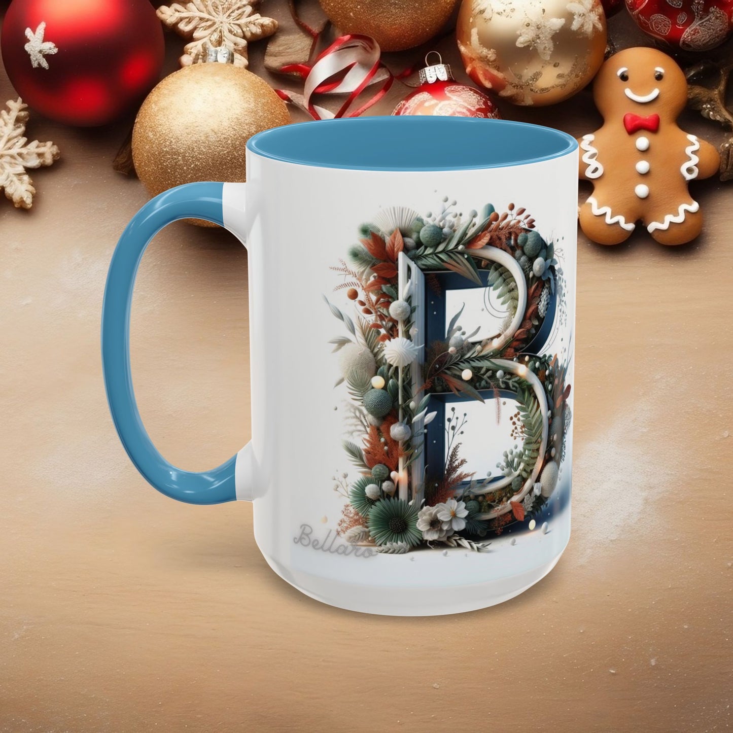 Monogram 'B' Accent Coffee Mug – Floral Holiday Initial 15oz