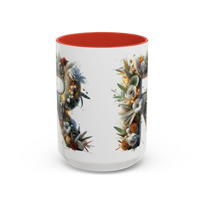 Personalized Monogram 'R' Artistic Floral Accent Coffee Mug 15oz