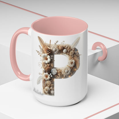 Earthy Letter 'P' Accent Coffee Mug — Botanical Initial Mug 15oz