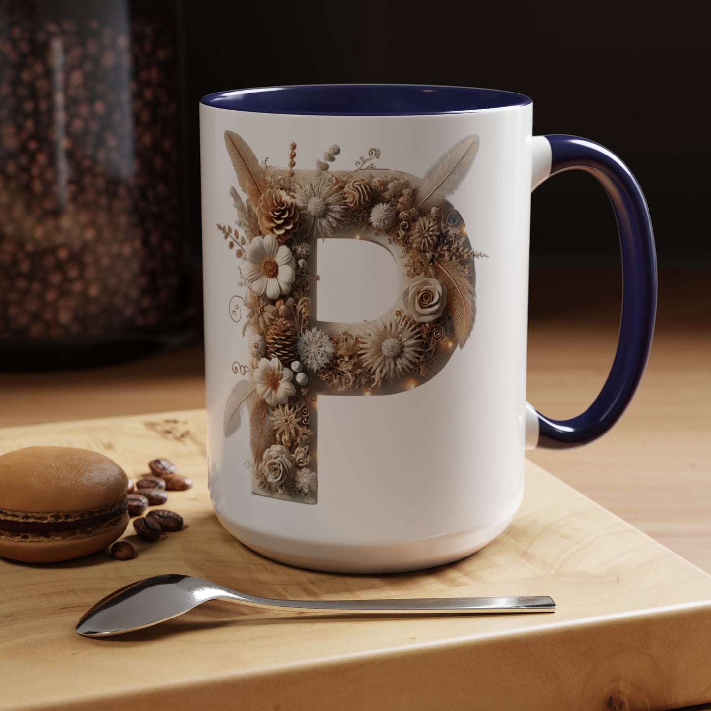 Earthy Letter 'P' Accent Coffee Mug — Botanical Initial Mug 15oz