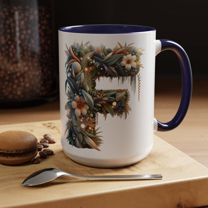 Floral Letter 'F' Accent Coffee Mug — Botanical Monogram 15oz