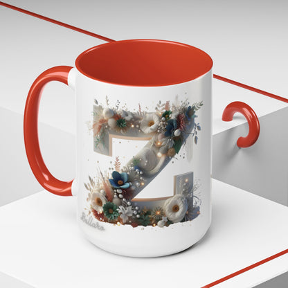 Floral Monogram 'Z' Accent Coffee Mug — 15oz Personalized Initial Mug