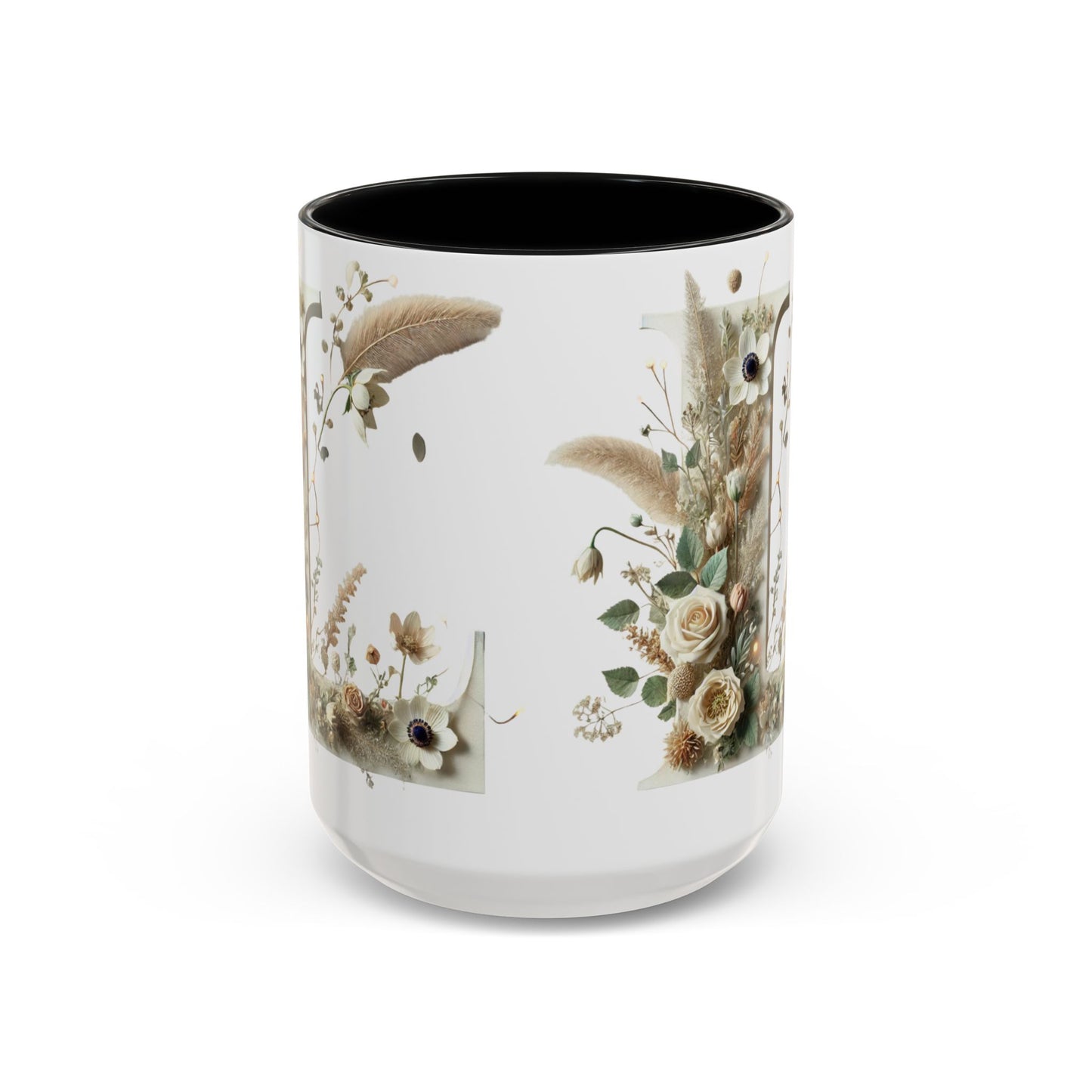 Boho 'L' Accent Coffee Mug — Neutral Dried Flowers Design 15oz