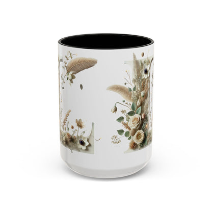 Boho 'L' Accent Coffee Mug — Neutral Dried Flowers Design 15oz