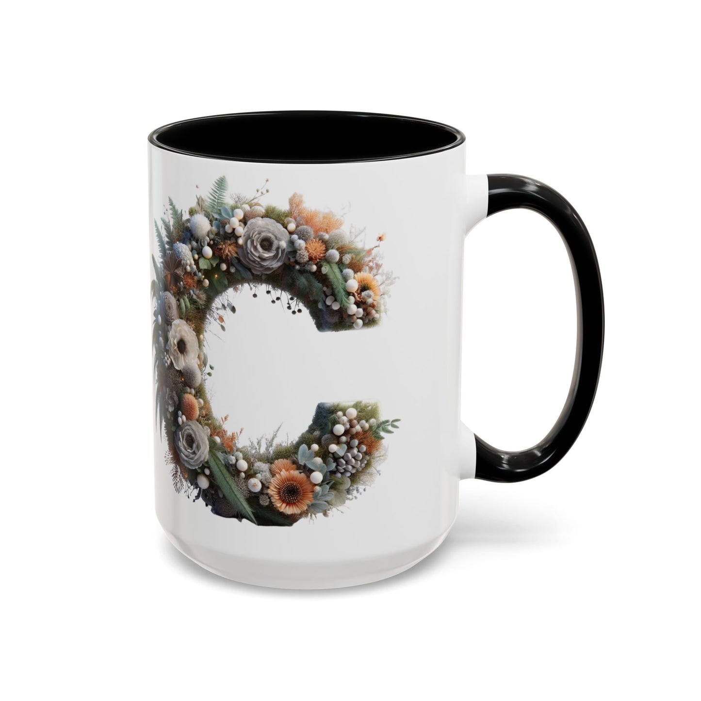 Floral Letter 'C' Accent Coffee Mug — Monogram Initial Ceramic Mug