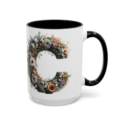 Floral Letter 'C' Accent Coffee Mug — Monogram Initial Ceramic Mug