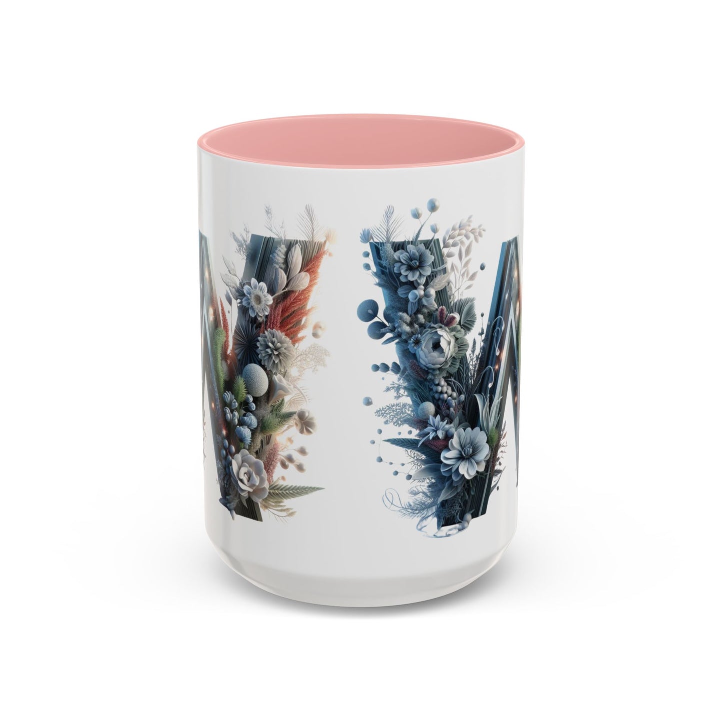 Floral Monogram Letter 'W' Accent Coffee Mug — Decorative Initial Monogram Mug 15oz