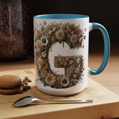 Floral Monogram 'G' Accent Coffee Mug — Botanical Initial Gift 15oz