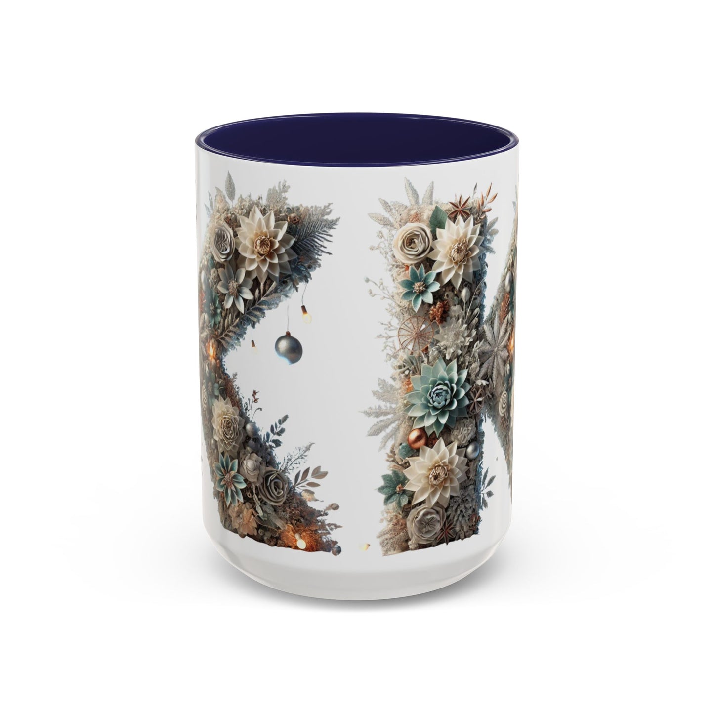 Floral Letter 'K' Accent Coffee Mug — Elegant Botanical Monogram Gift 15oz