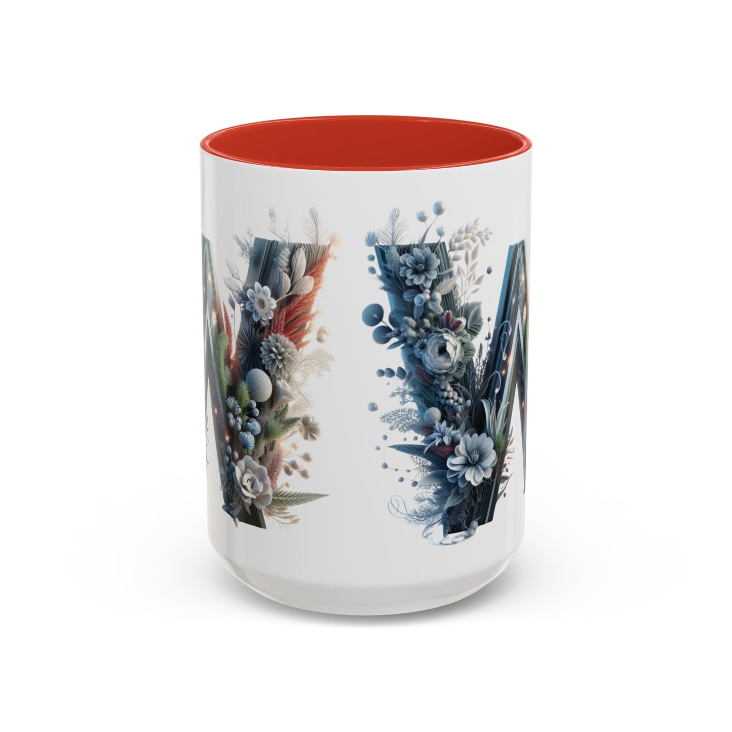Floral Monogram Letter 'W' Accent Coffee Mug — Decorative Initial Monogram Mug 15oz